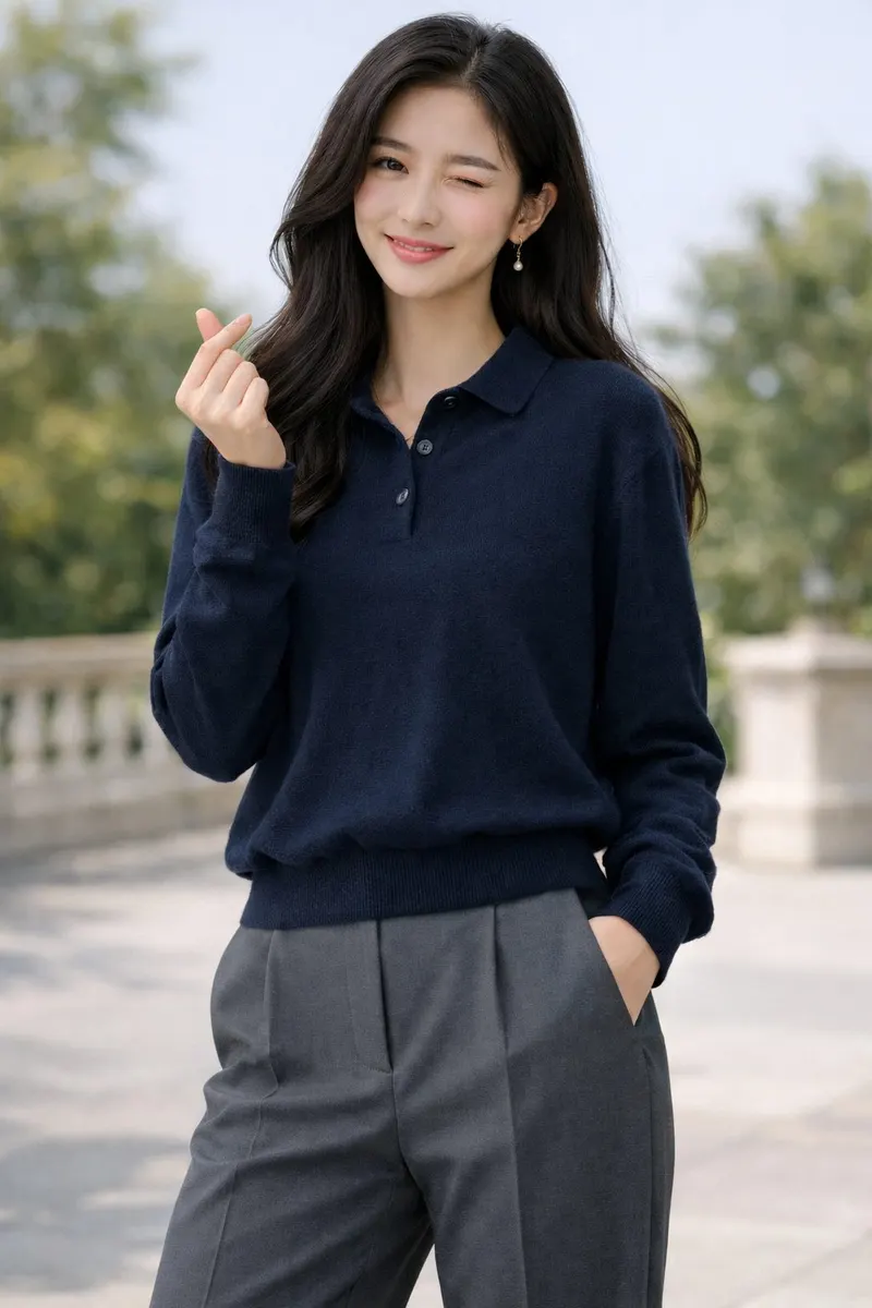 Woman with long wavy hair wearing a navy knit polo sweater and high-waisted tailored trousers outdoors, smiling with a finger-heart gesture