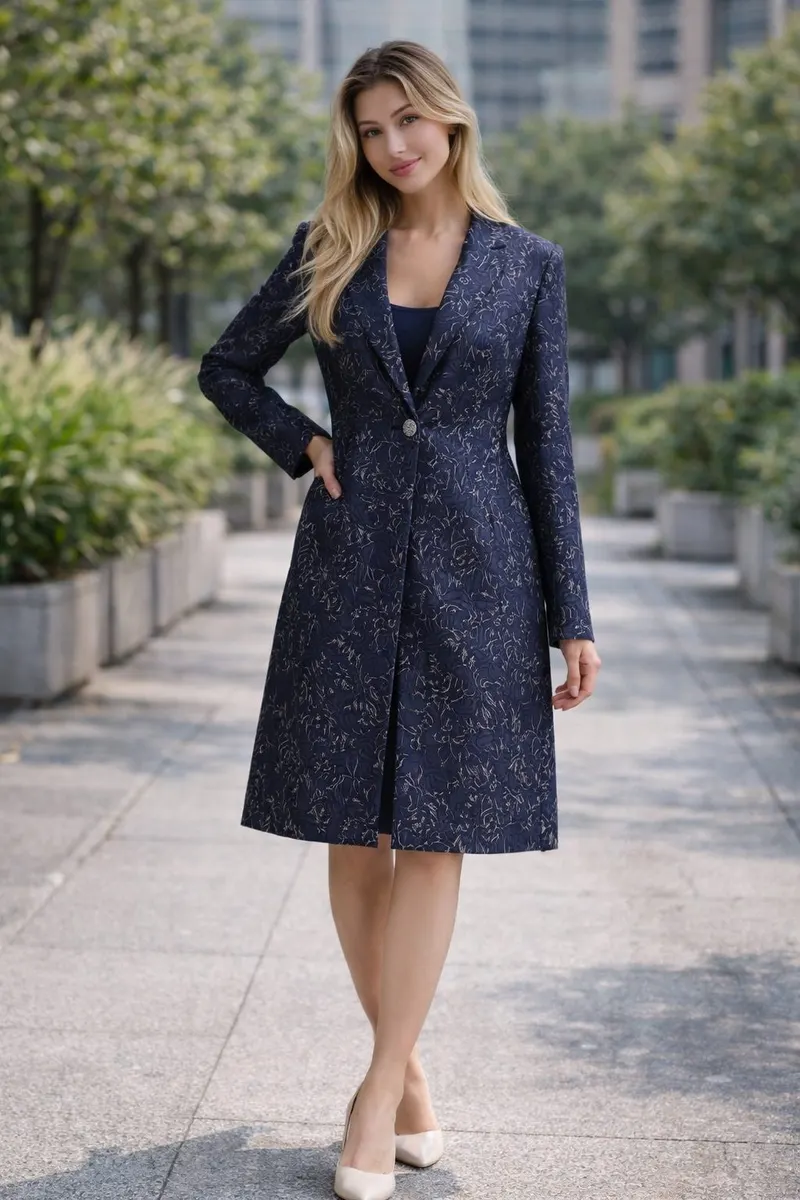 Woman wearing a navy tailored coat dress with a subtle textured pattern and neutral heels on an outdoor city walkway