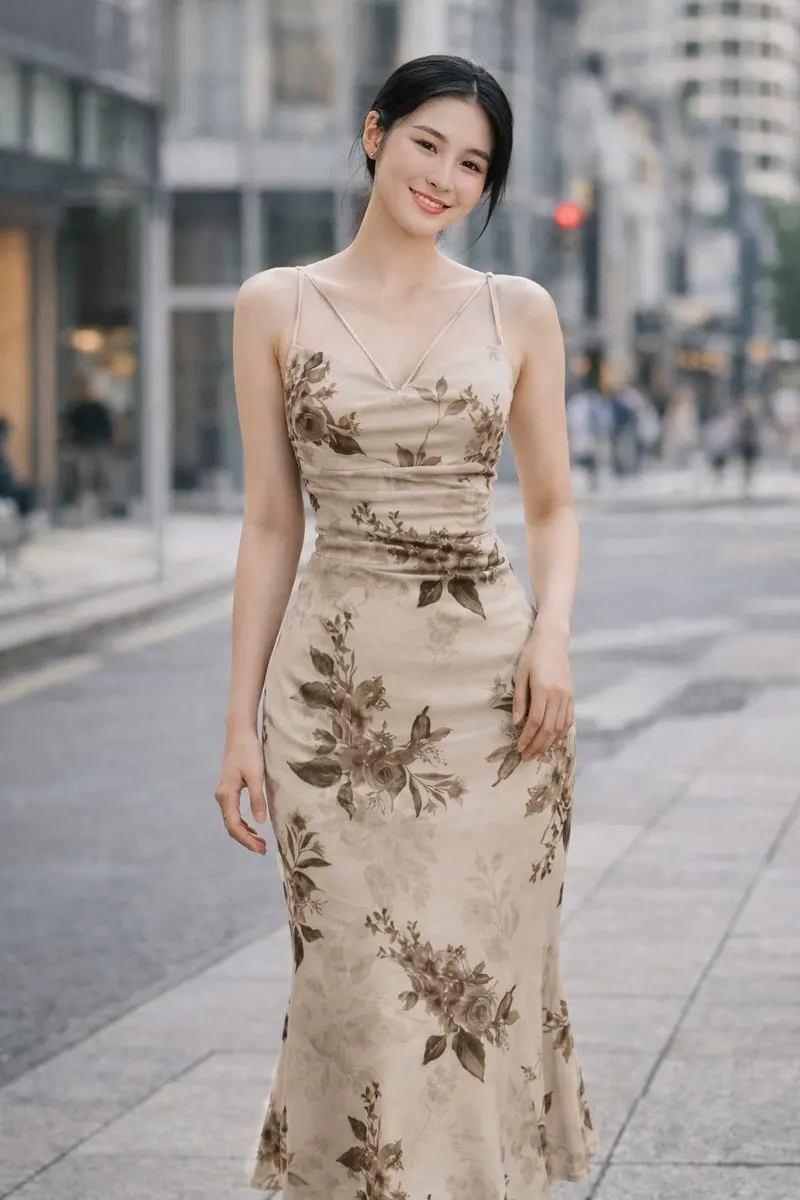 Woman wearing a beige floral fitted midi dress with thin straps on a blurred city street background