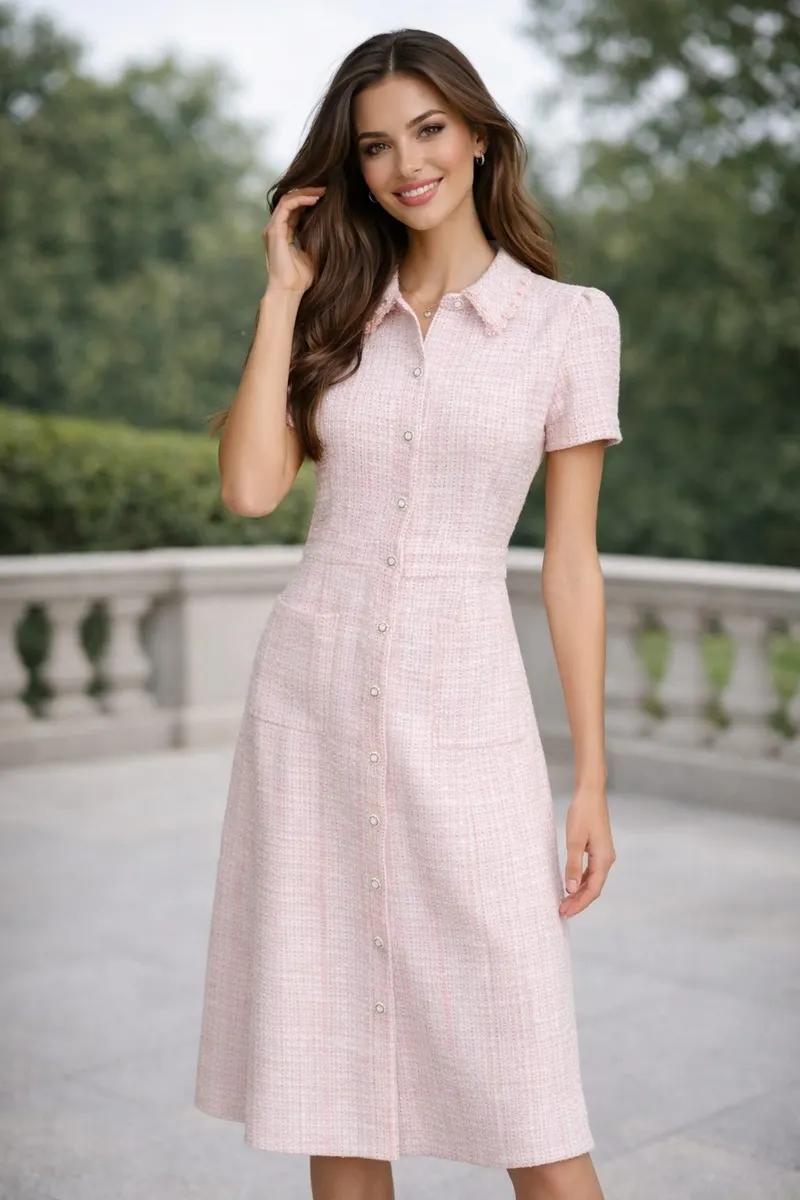 Full-body portrait of a smiling woman outdoors wearing a pastel pink tweed button-front shirt dress with short sleeves and a fitted waist