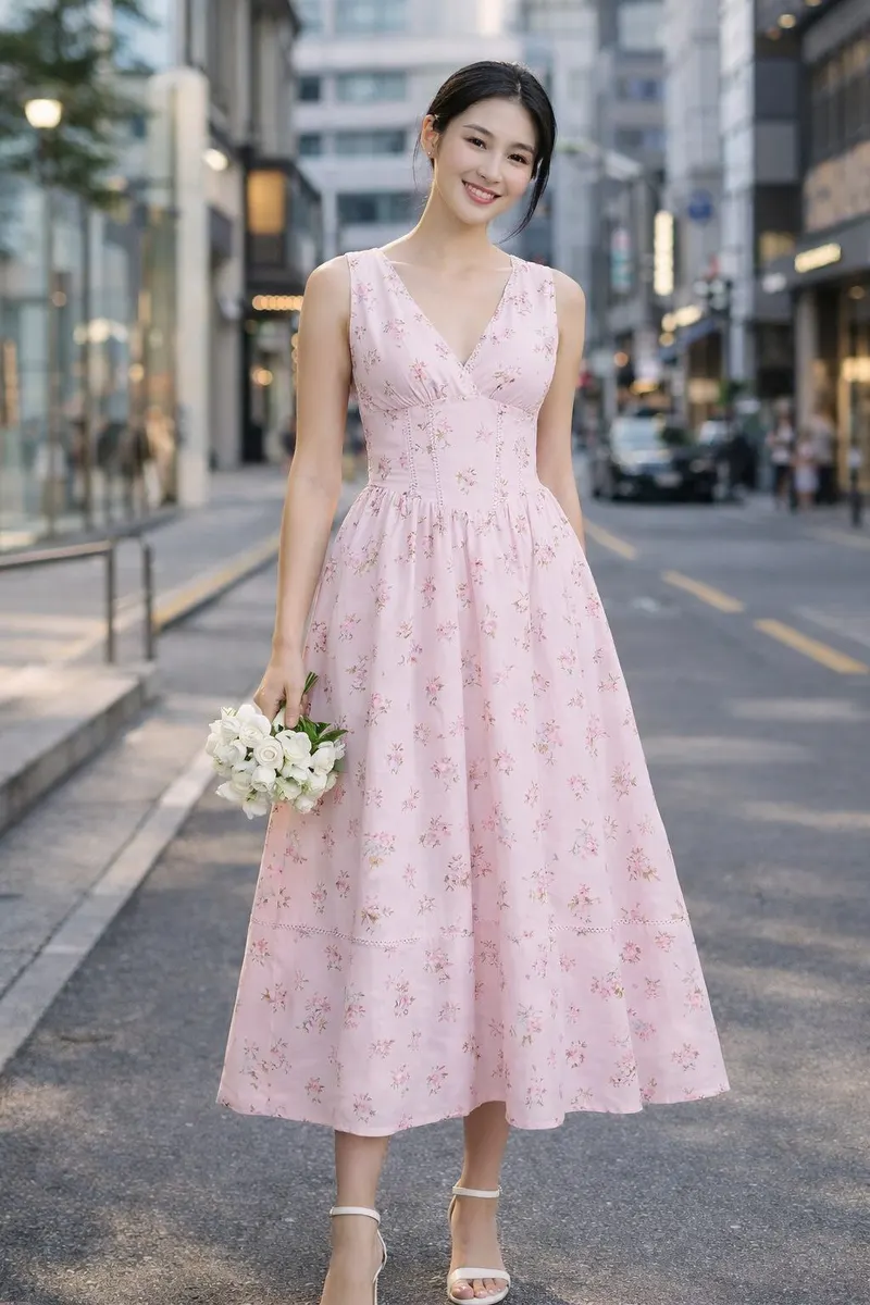 Woman wearing a light pink floral midi dress with a sleeveless V-neck silhouette, standing on a city street with a bouquet and heeled sandals