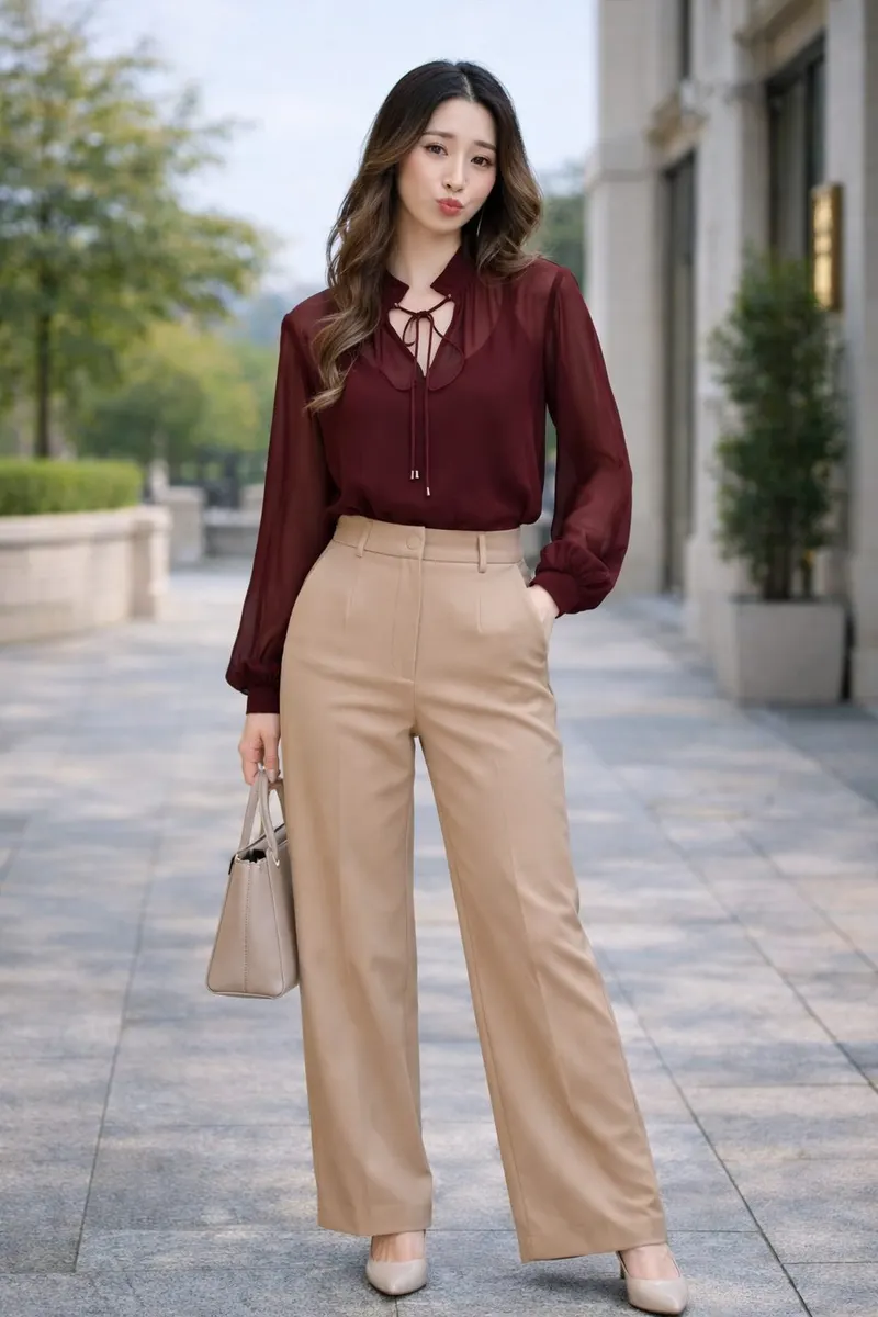 Woman wearing a burgundy sheer tie-neck blouse with camel wide-leg trousers posing outdoors in soft daylight