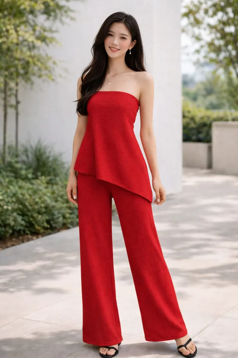 Woman wearing a bright red strapless asymmetric top with matching wide-leg trousers and minimal sandals in an outdoor editorial setting