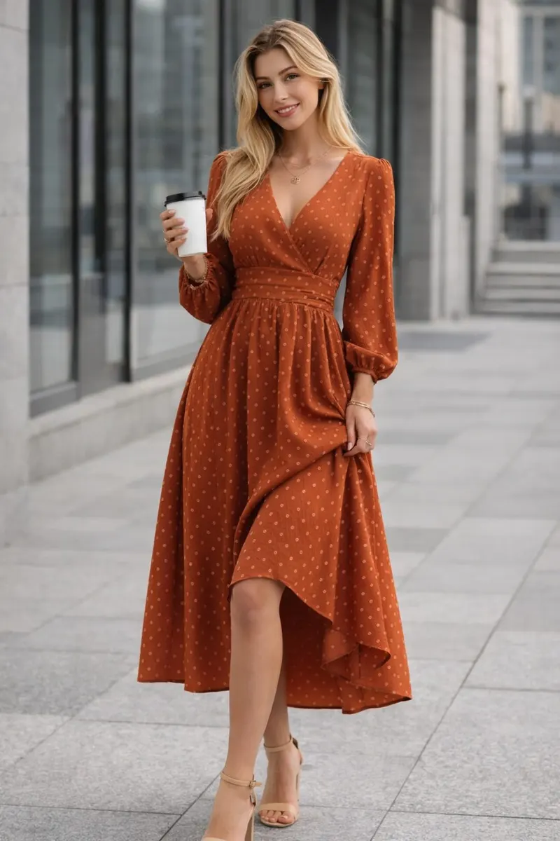 Woman wearing a rust wrap-style midi dress with long sleeves, a defined waist, subtle dotted texture, and an asymmetrical hem in an outdoor city setting.
