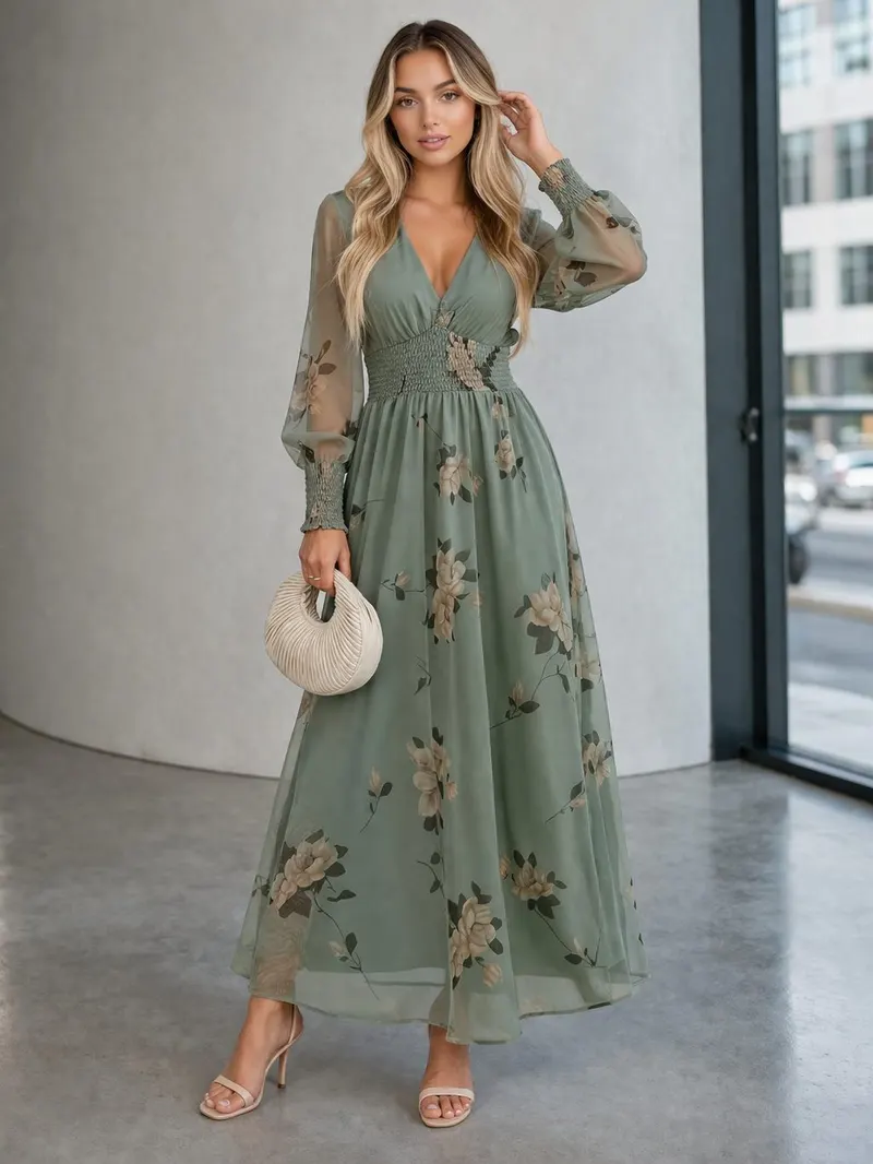 Woman wearing a sage green floral maxi dress with sheer long sleeves and a defined waist, styled with heeled sandals in an urban editorial setting