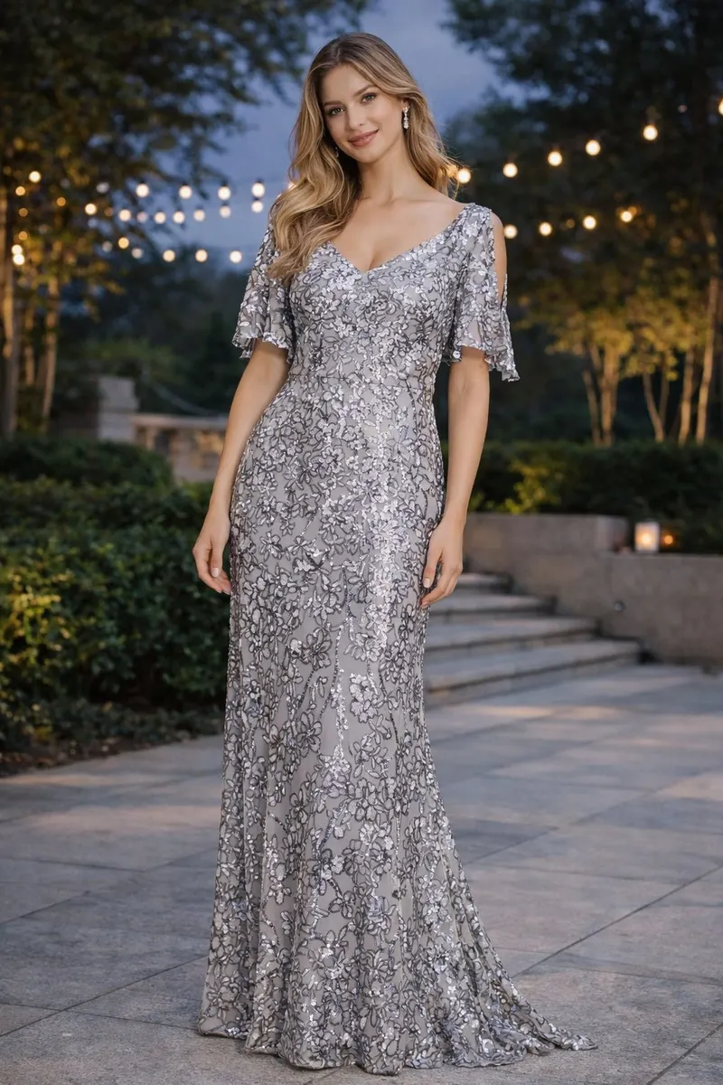 Full-body image of a woman wearing a silver embroidered evening gown with soft flutter sleeves in an outdoor editorial setting