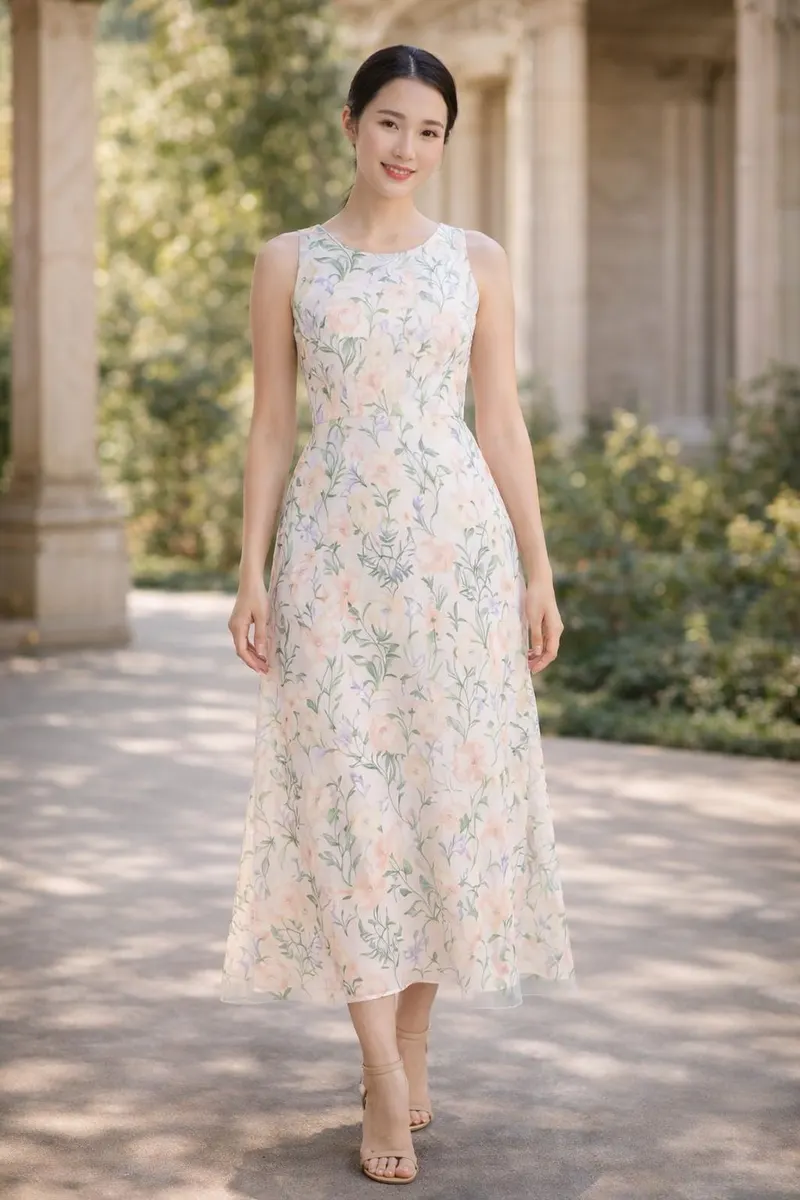 Woman wearing a sleeveless pastel floral midi dress with neutral heels in a softly lit outdoor setting
