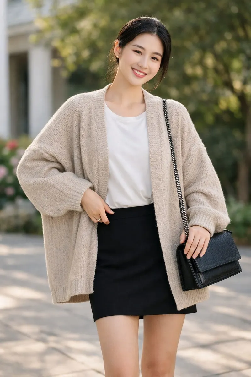 Woman wearing a soft beige oversized cardigan over a white top with a black mini skirt and shoulder bag in an outdoor editorial setting