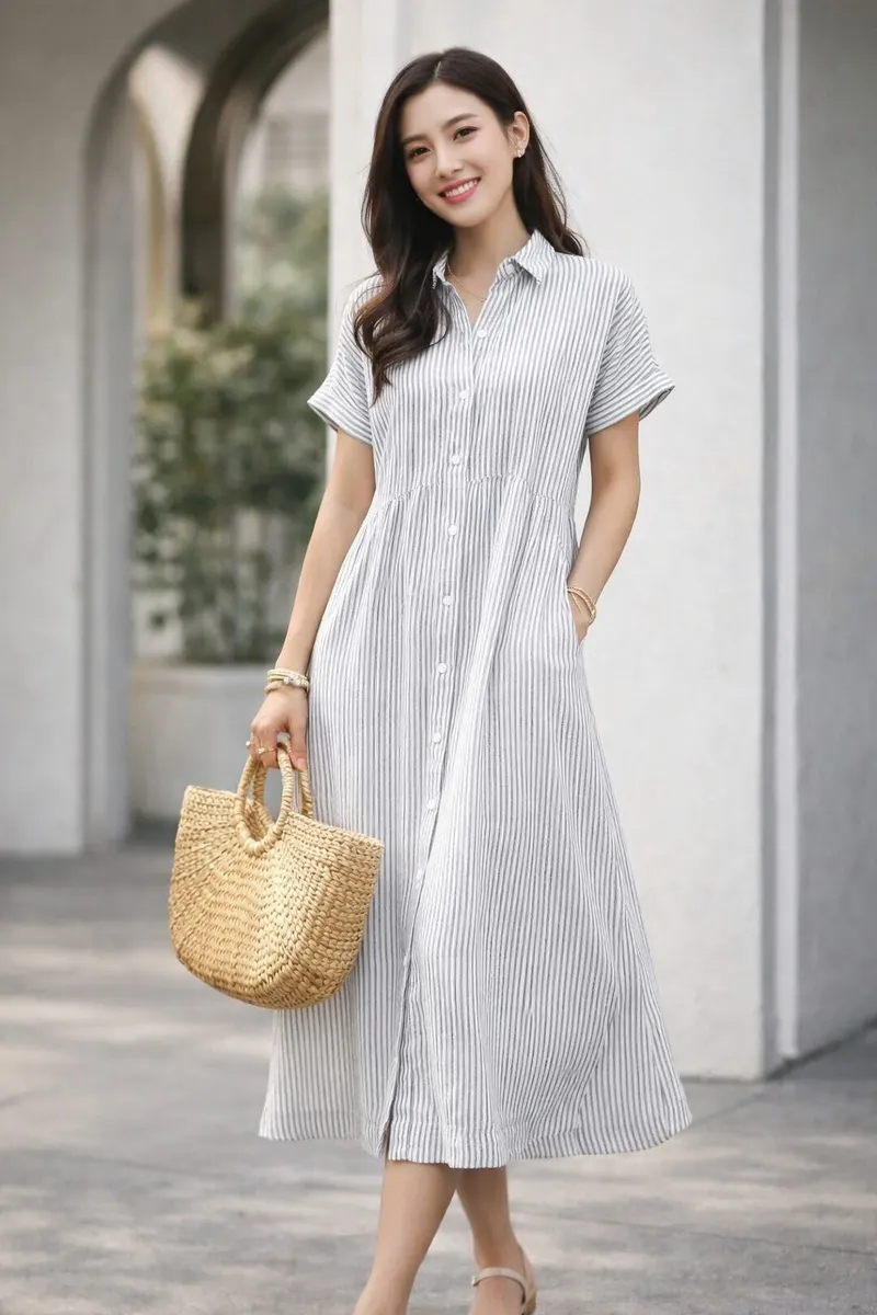 Woman wearing a light striped midi shirt dress with short sleeves, neutral sandals, and a woven straw handbag in a bright outdoor setting