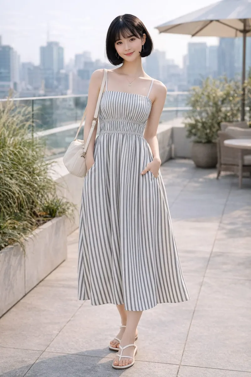 Young woman wearing a grey and white striped smocked midi dress with thin straps, styled with a light shoulder bag and flat sandals on a softly blurred rooftop terrace