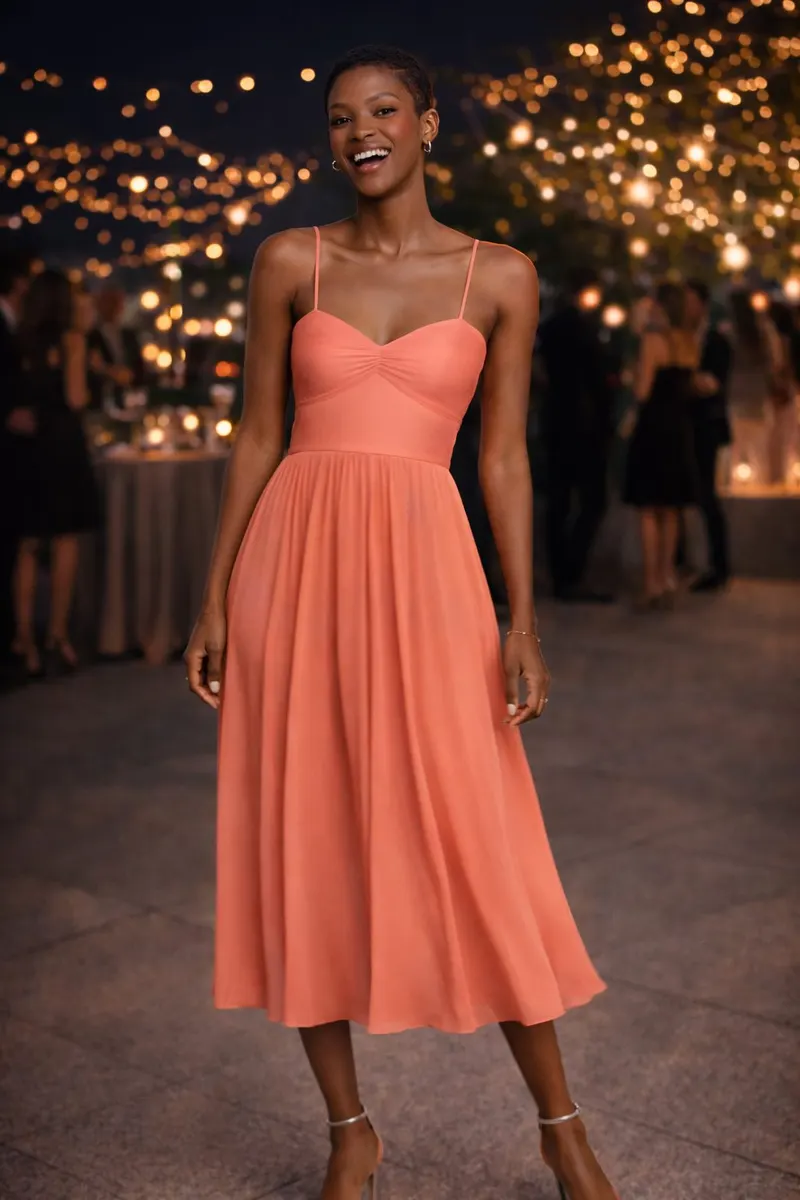 Full-body photo of a smiling woman at an outdoor night party wearing a coral spaghetti-strap midi dress with a fitted bodice and flowing skirt