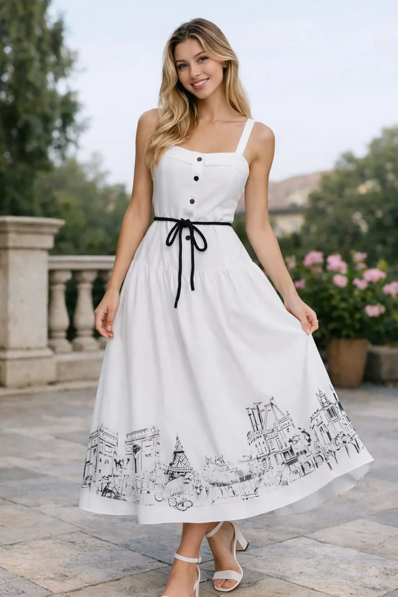 Woman wearing a white belted midi dress with a softly structured bodice, flared skirt, and delicate black line-art hem detail in an outdoor editorial setting