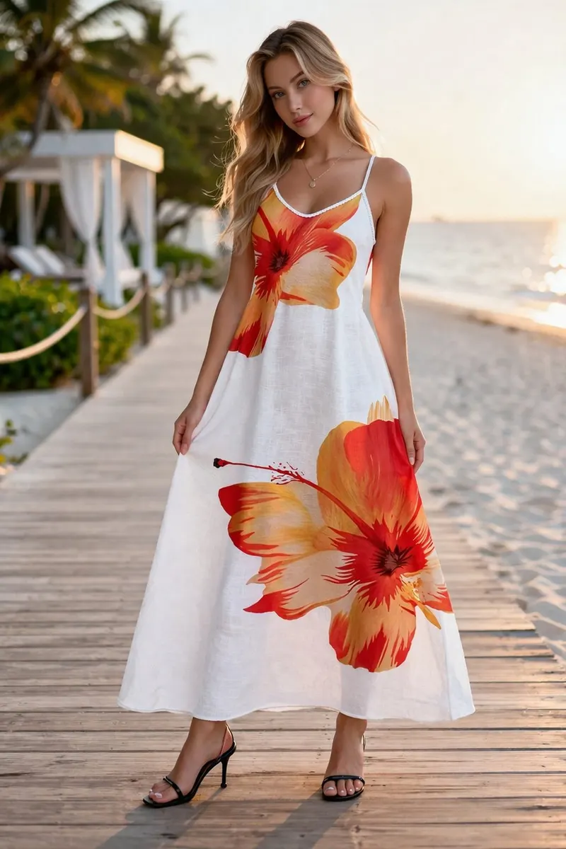 Woman wearing a white sleeveless maxi dress with warm orange floral print and a flowing skirt in a polished editorial setting.