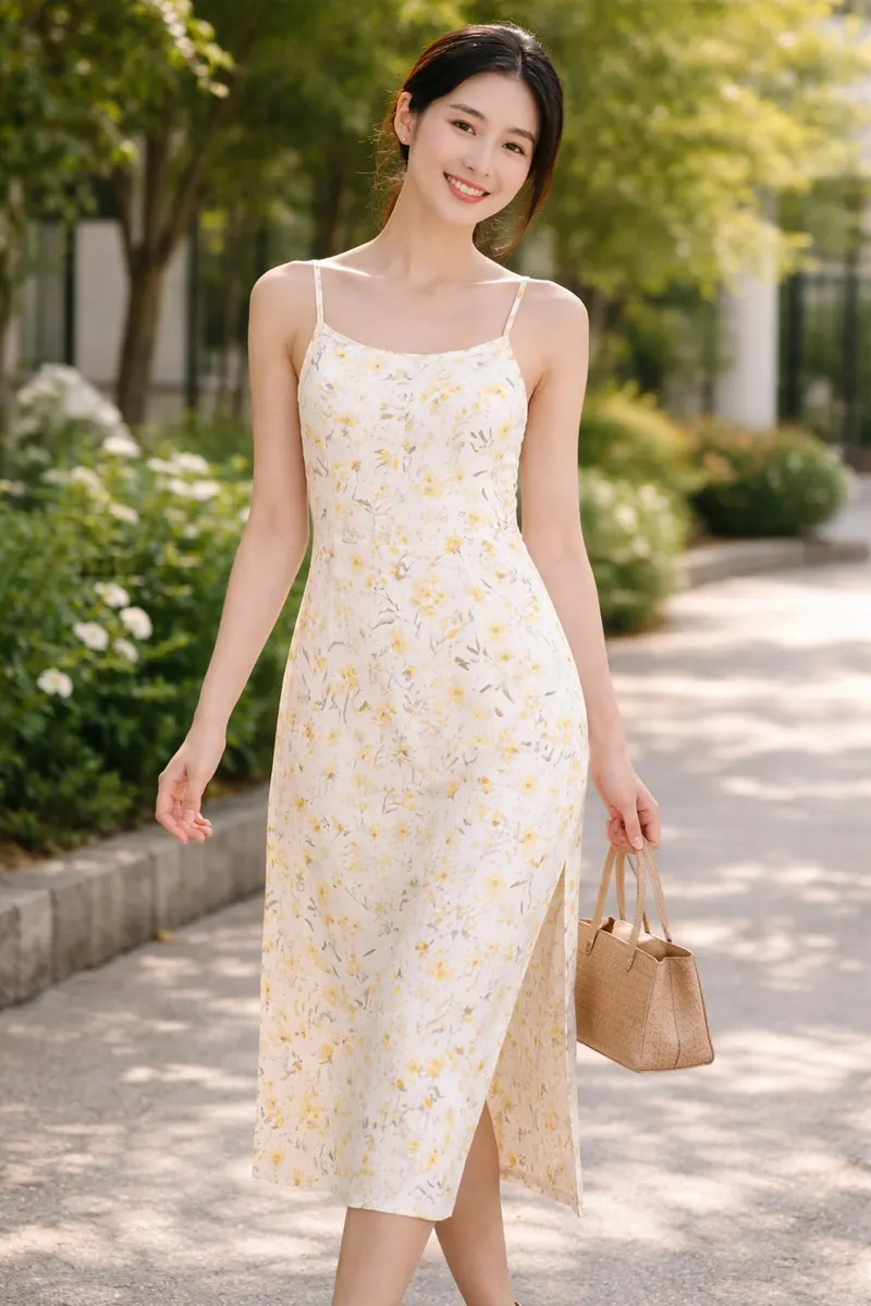 Woman wearing a white floral midi dress with slim straps and a relaxed straight silhouette in a soft editorial outdoor setting.