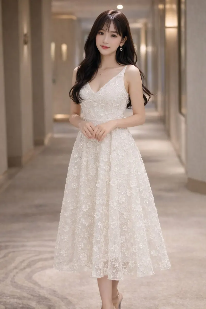 Woman wearing a white sleeveless lace midi dress with a fitted bodice and full skirt in a softly lit hotel hallway