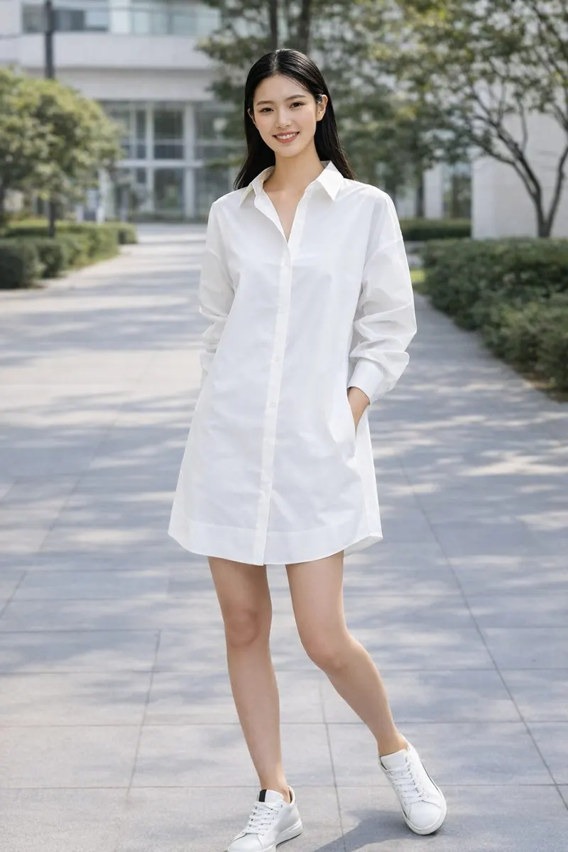 Woman wearing an oversized white button-up shirt dress with white low-top sneakers in an outdoor urban walkway setting