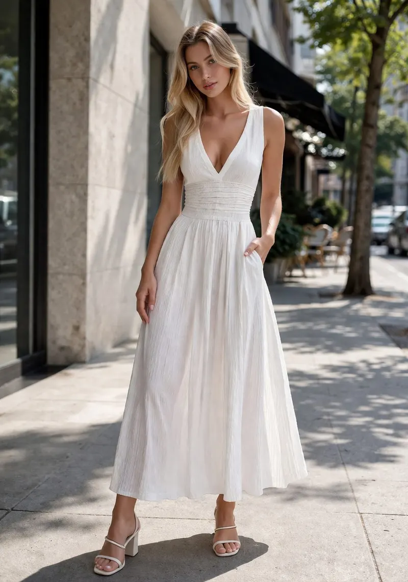Blonde woman wearing a white sleeveless V-neck midi dress with a fitted waist and softly pleated skirt, styled in an urban editorial setting.