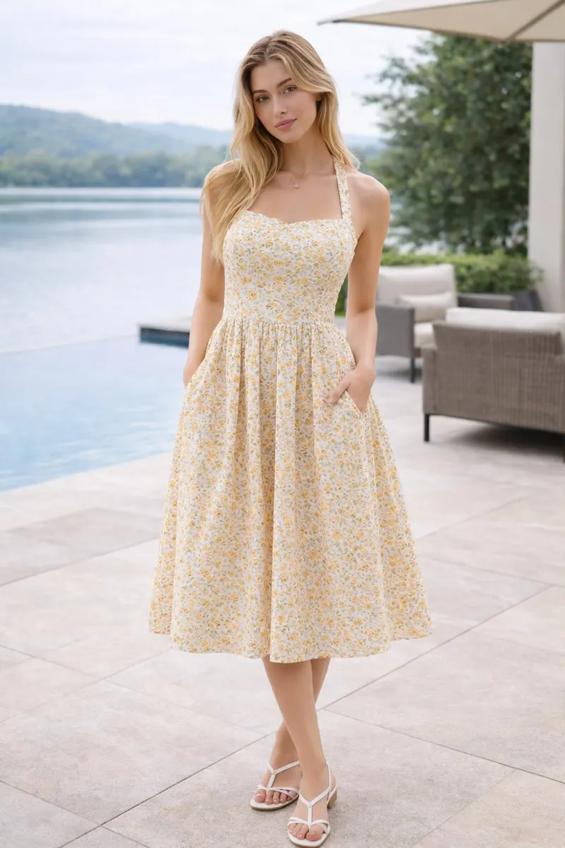Young woman wearing a soft yellow floral halter midi dress with a fitted bodice and full skirt, styled with minimal heeled sandals on a modern lakeside terrace