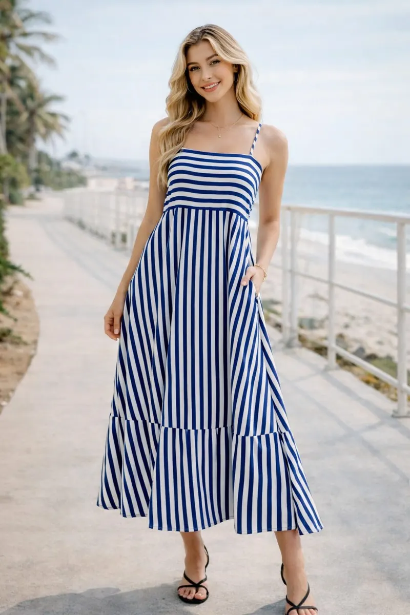 Woman wearing a blue and white striped sleeveless maxi dress with a tiered skirt on a coastal walkway