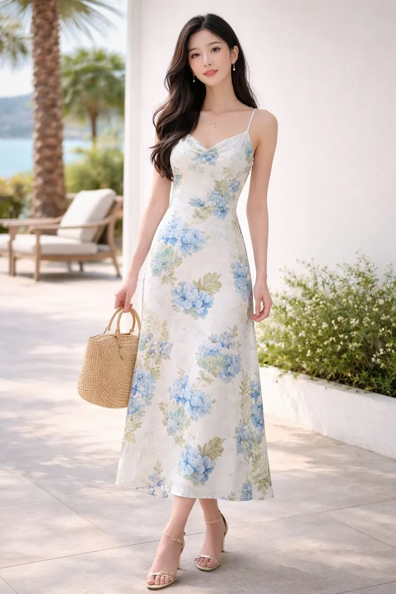 Woman wearing a white midi slip dress with a soft blue floral print, delicate straps, and neutral heels in a bright modern outdoor setting