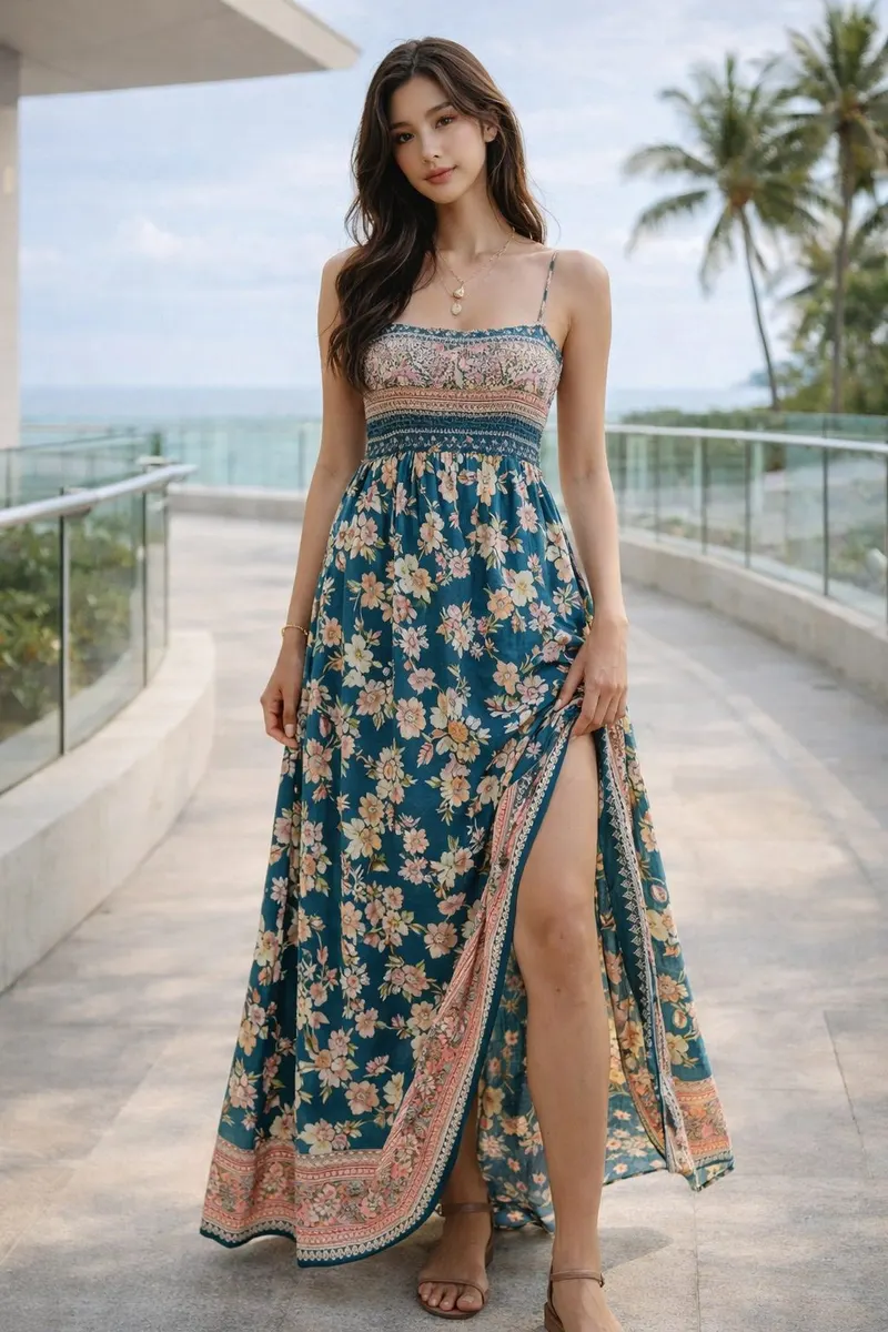 Woman wearing a teal floral sleeveless maxi dress with a smocked bodice and front slit on a modern coastal walkway with soft natural light.