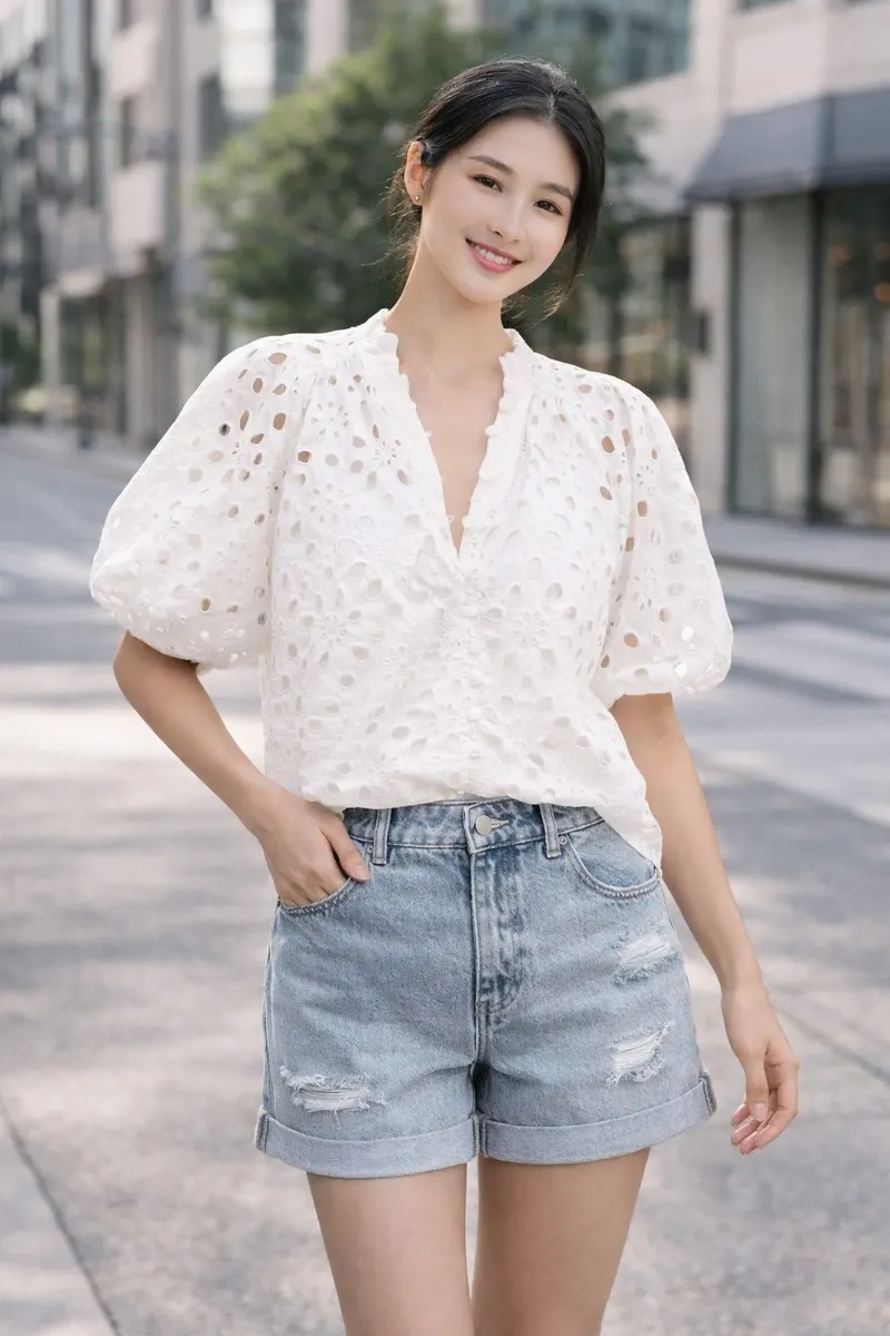 Woman wearing a white eyelet puff-sleeve blouse with light wash denim shorts in a modern outdoor street setting