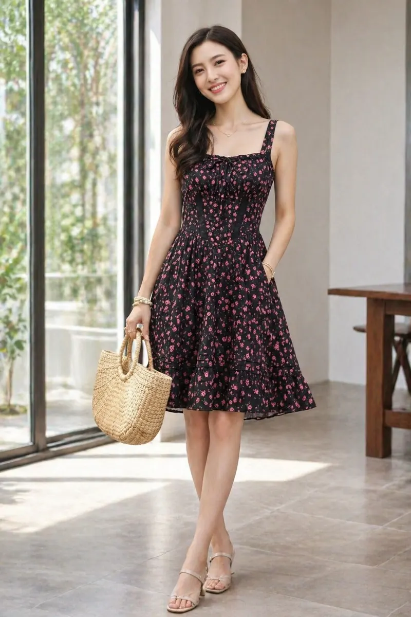 Woman wearing a striped button-front midi shirt dress with short sleeves and a woven straw handbag in a modern outdoor setting