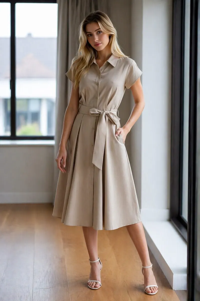 Woman wearing a taupe belted midi shirt dress with neutral heels in a softly lit modern interior