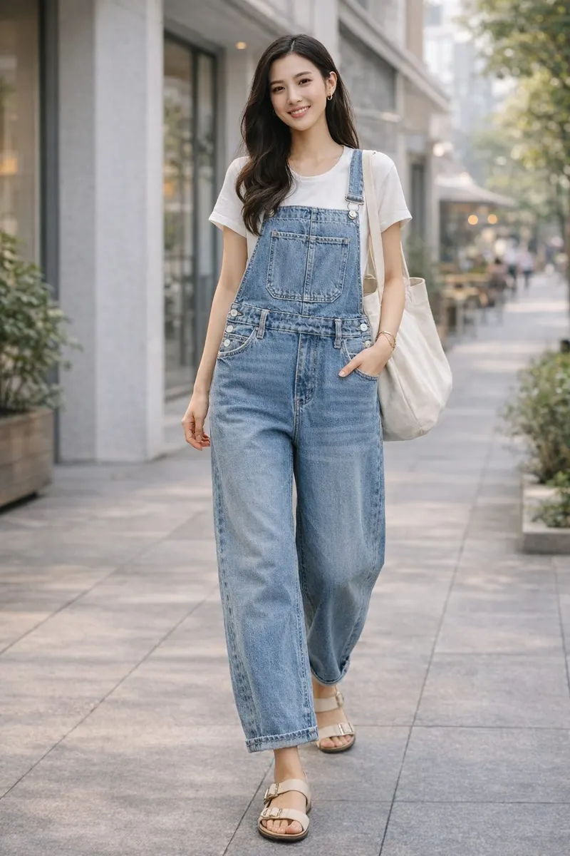 Woman wearing light blue denim overalls with a white short-sleeve top and neutral flat sandals on a modern city sidewalk