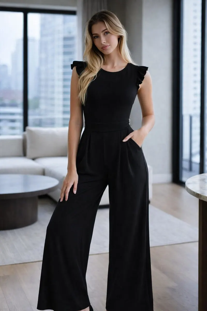 Woman wearing a black sleeveless wide-leg jumpsuit with subtle ruffle shoulders in a modern interior setting