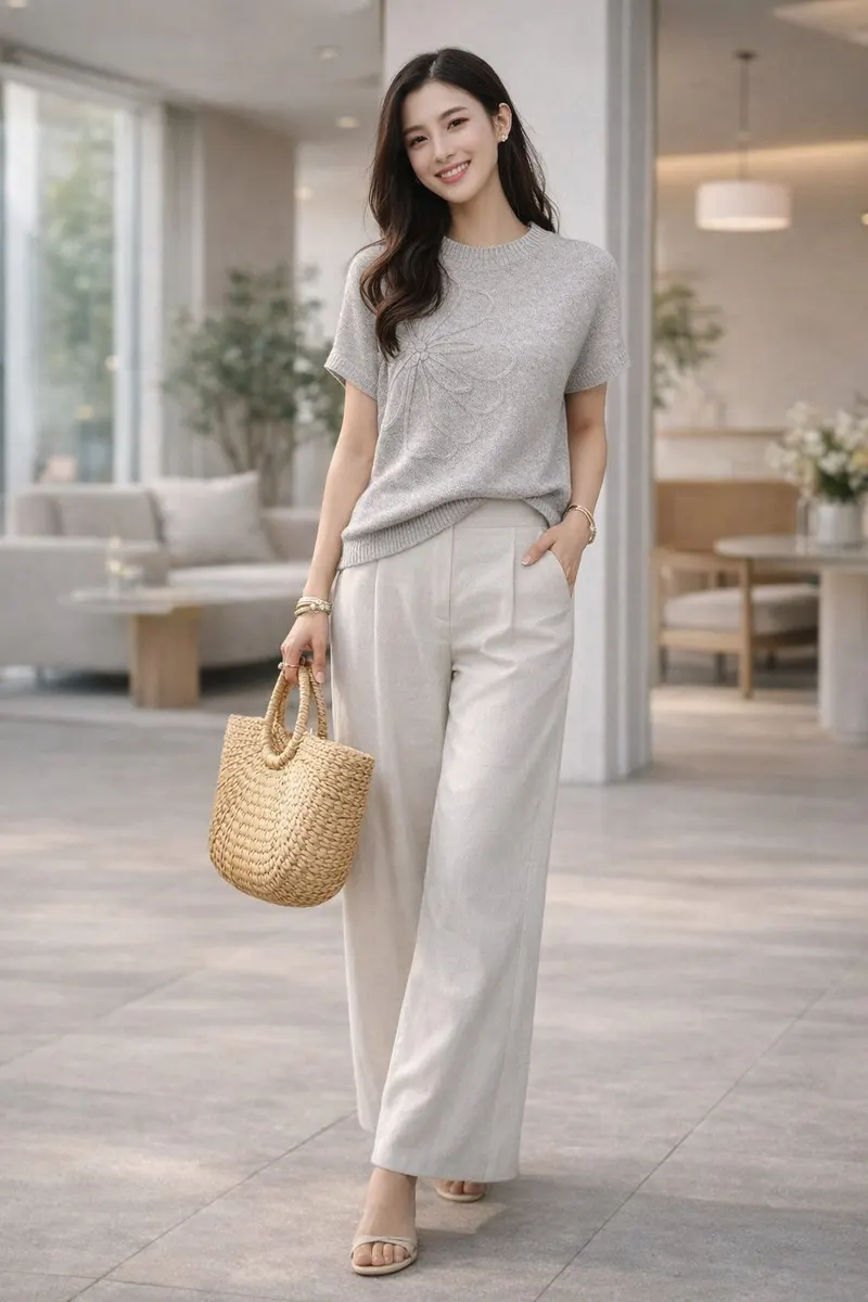 Young woman wearing a soft gray short-sleeve knit top with wide-leg light neutral trousers and a woven tote in a bright modern interior