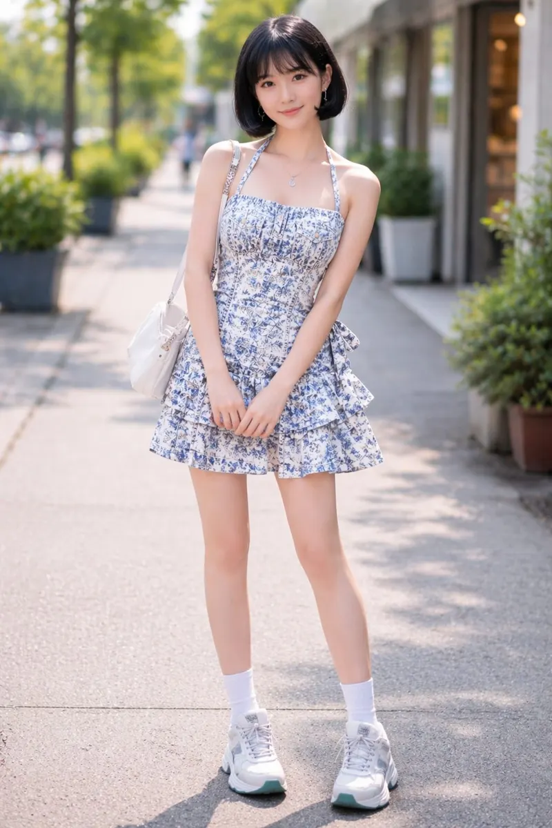 Young woman wearing a blue and white floral halter mini dress with white sneakers and a shoulder bag on a sunny city sidewalk