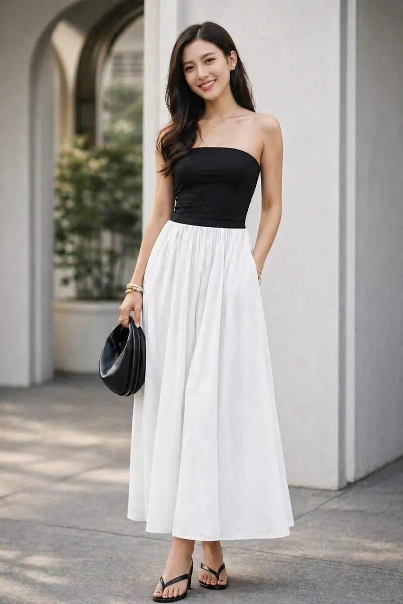 Model wearing a black strapless bodice with a flowing white maxi skirt and minimal accessories