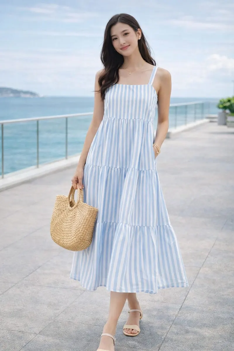 Woman wearing a light blue and white striped tiered midi dress with a woven tote in a modern coastal setting