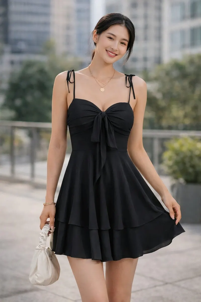 Woman wearing a black tie-front mini dress with layered skirt, delicate jewelry, and a soft neutral handbag in an urban outdoor setting