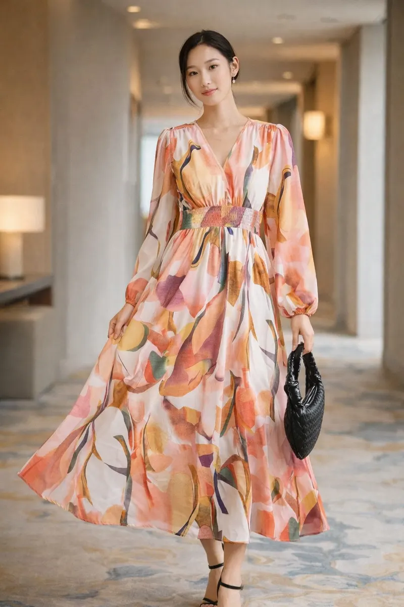 Young woman wearing a flowing watercolor-print midi dress with long sleeves and a defined waist in a softly lit modern interior