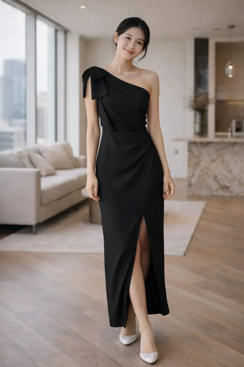 Woman wearing a black one-shoulder floor-length dress with an asymmetric neckline, shoulder bow detail, and front slit in a modern interior setting