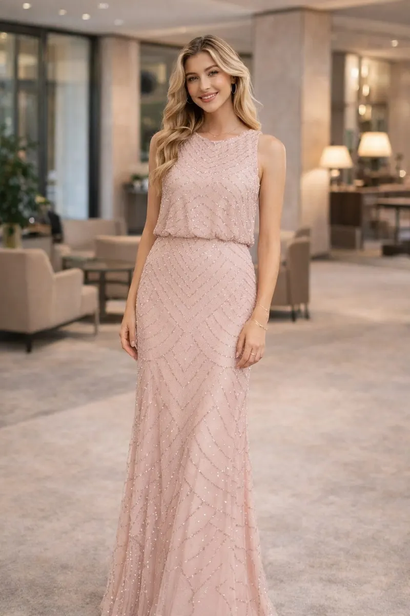 Woman wearing a blush pink sleeveless beaded evening gown with a softly defined waist and floor-length skirt in a modern hotel lobby