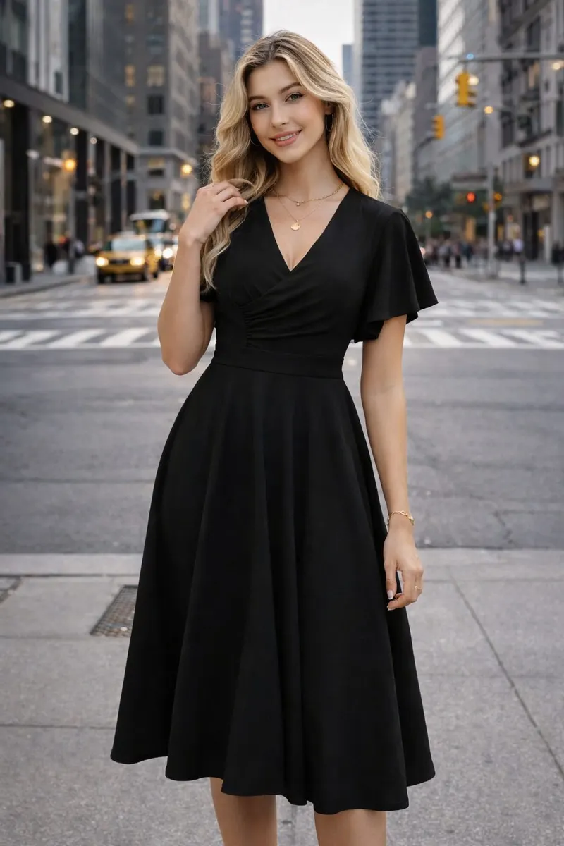 Woman wearing a black flutter-sleeve midi dress with a fitted waist and flowing skirt in an elegant editorial fashion pose