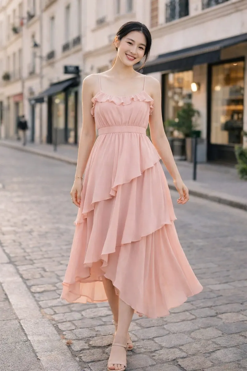 Woman wearing a blush pink ruffled midi dress with a defined waist and asymmetrical layered hem on a softly lit European-style street