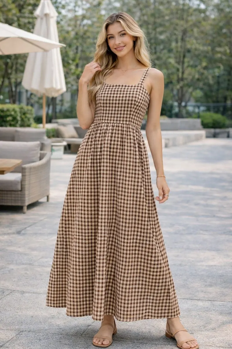Woman wearing a sleeveless brown gingham maxi dress with a fitted bodice and flowing skirt outdoors