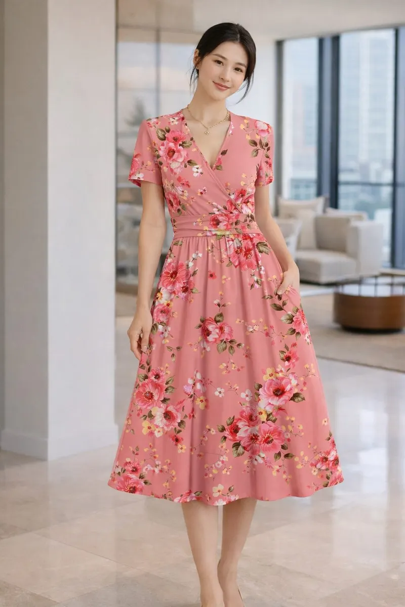 Woman wearing a pink floral wrap-style midi dress with short sleeves in a bright modern interior