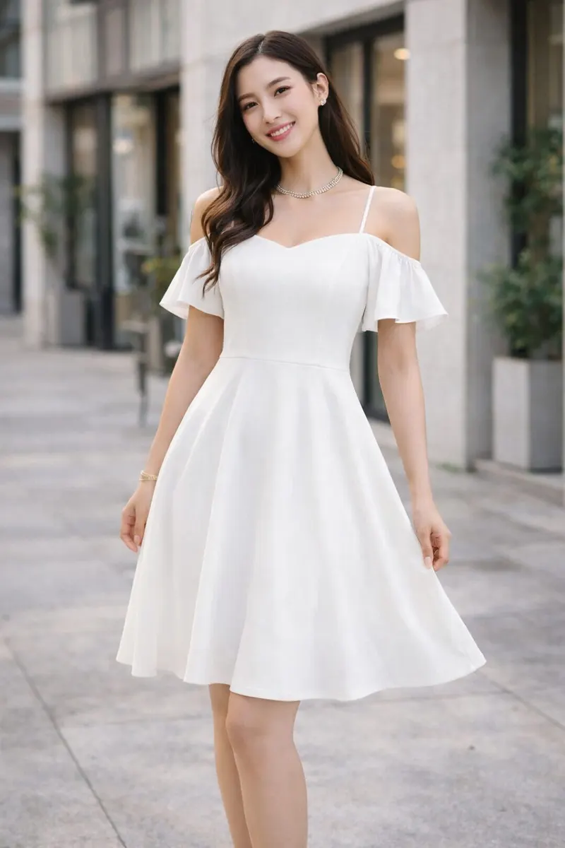Woman wearing a white off-shoulder fit-and-flare dress with delicate straps and flutter sleeves on a modern city street