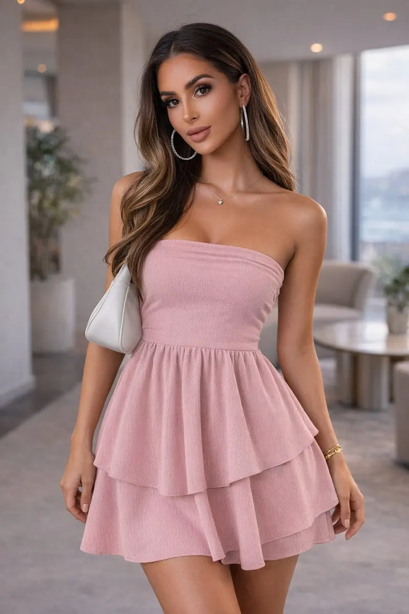 Woman wearing a blush pink strapless tiered mini dress with statement earrings in a refined modern interior