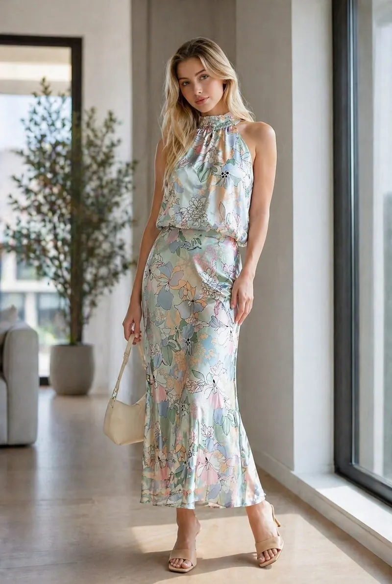 Woman wearing a pastel floral halter-style midi outfit with a flowing skirt and cream accessories in a modern lifestyle setting