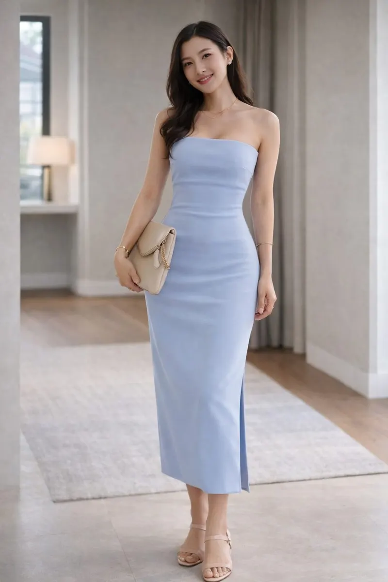 Woman wearing a powder blue strapless fitted midi dress with a clean column silhouette and side slit in a modern interior setting