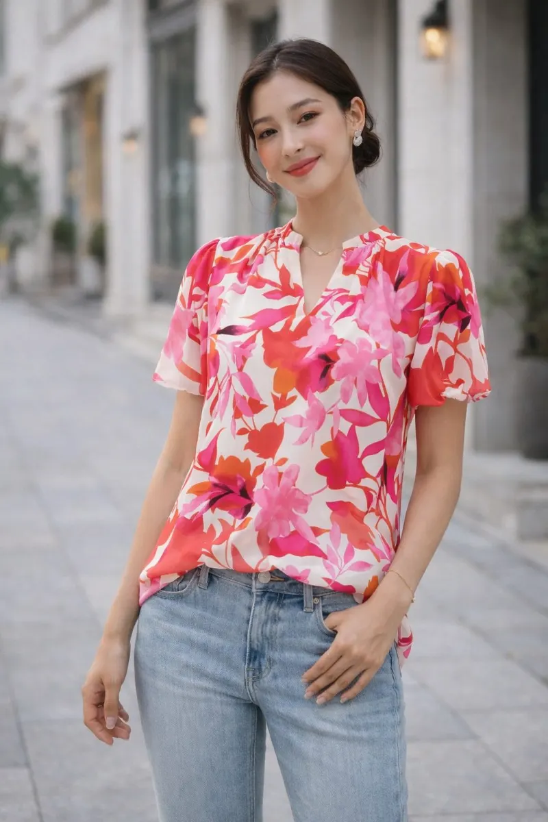 Young woman wearing a vivid pink floral short-sleeve blouse with light wash denim in a softly blurred modern street setting