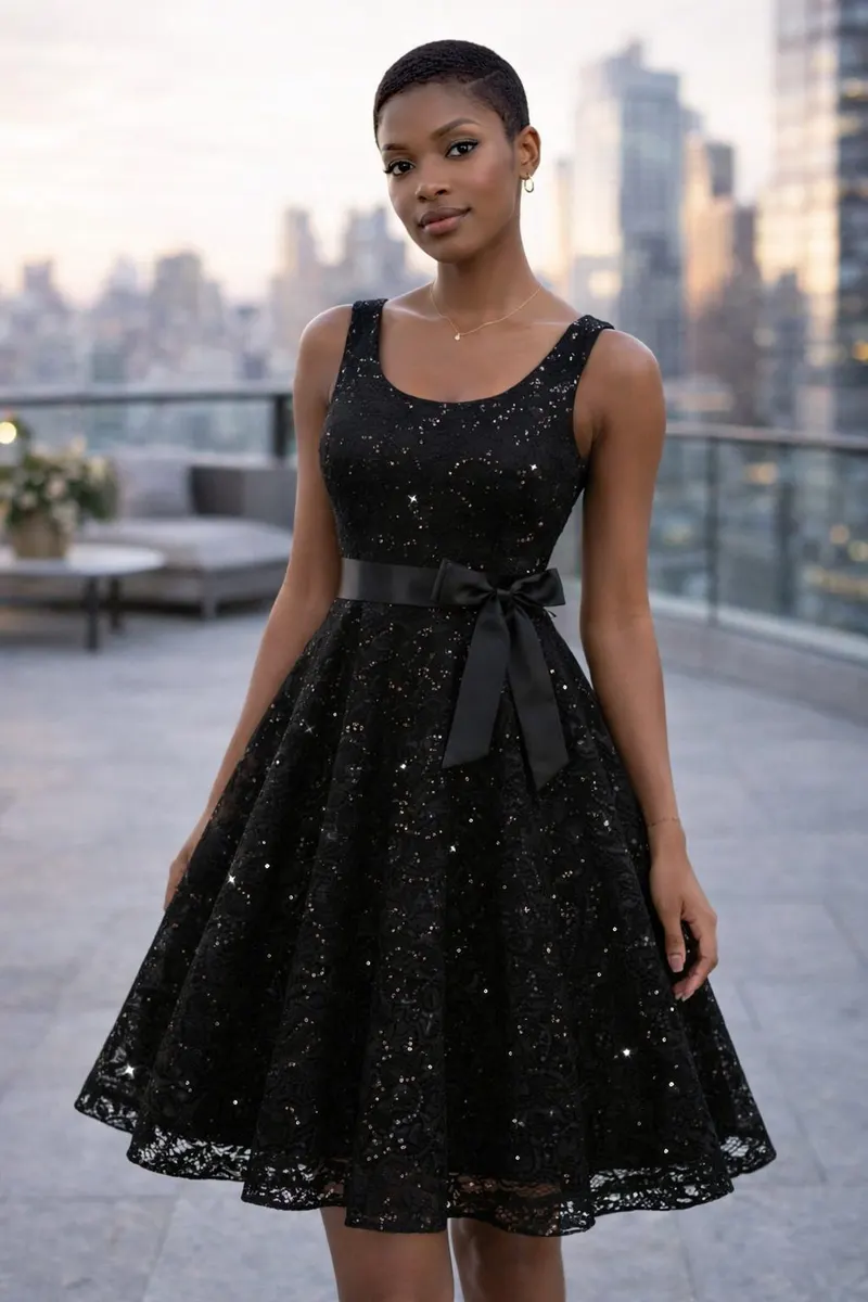 Woman wearing a black sleeveless fit-and-flare dress with lace texture and subtle shimmer in a softly blurred rooftop editorial setting