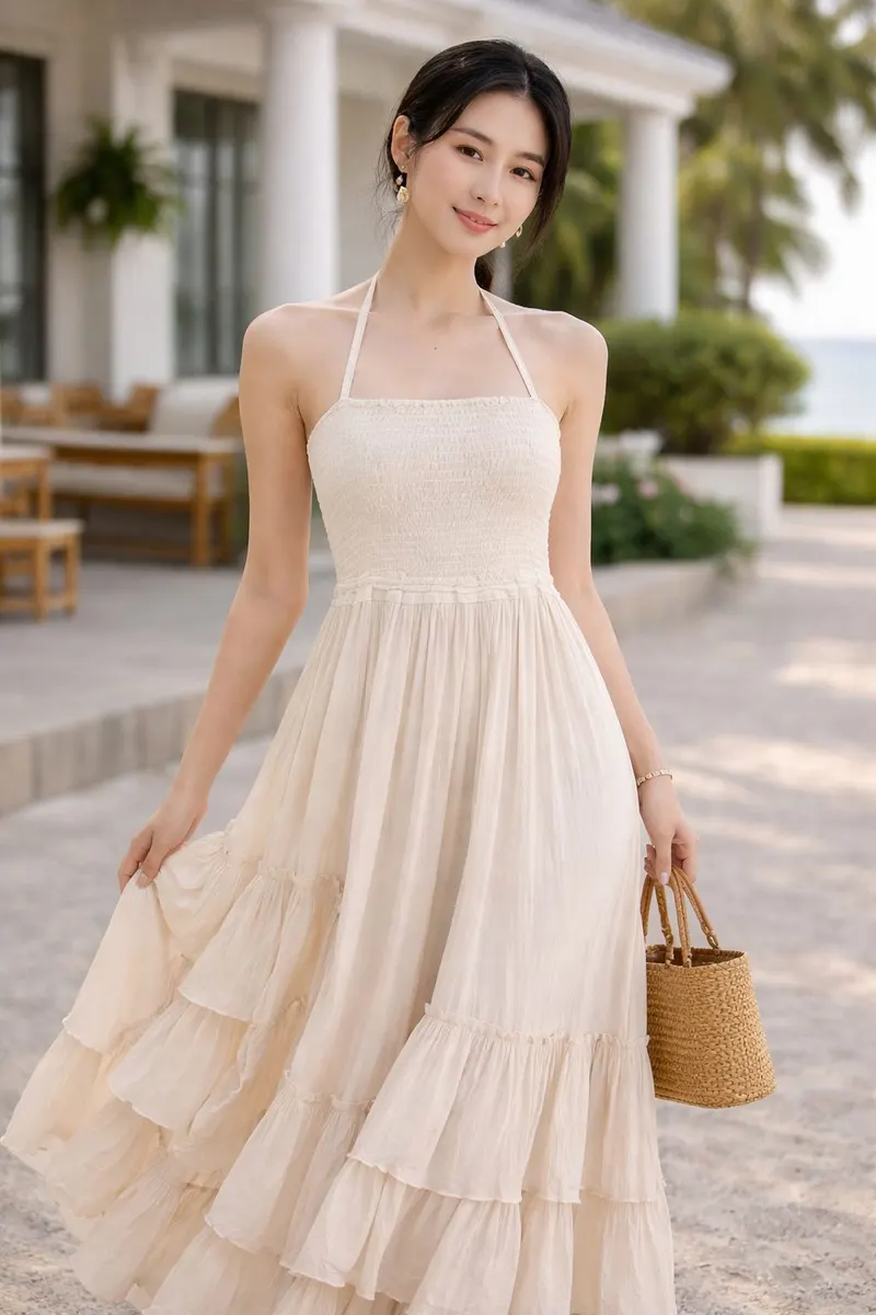 East Asian woman wearing a cream halter maxi dress with a smocked bodice and tiered flowing skirt, carrying a woven handbag in a bright outdoor setting