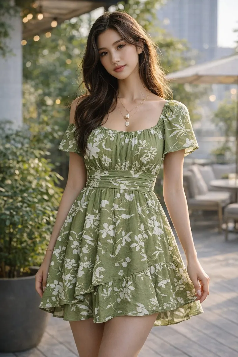 Woman wearing a green floral short dress with a softly gathered neckline, defined waist, and flared skirt in a polished editorial setting.